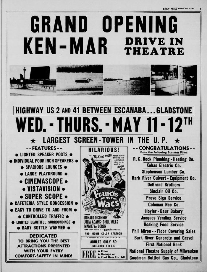 Ken-Mar Drive-In Theatre - Grand Opening Ad (newer photo)